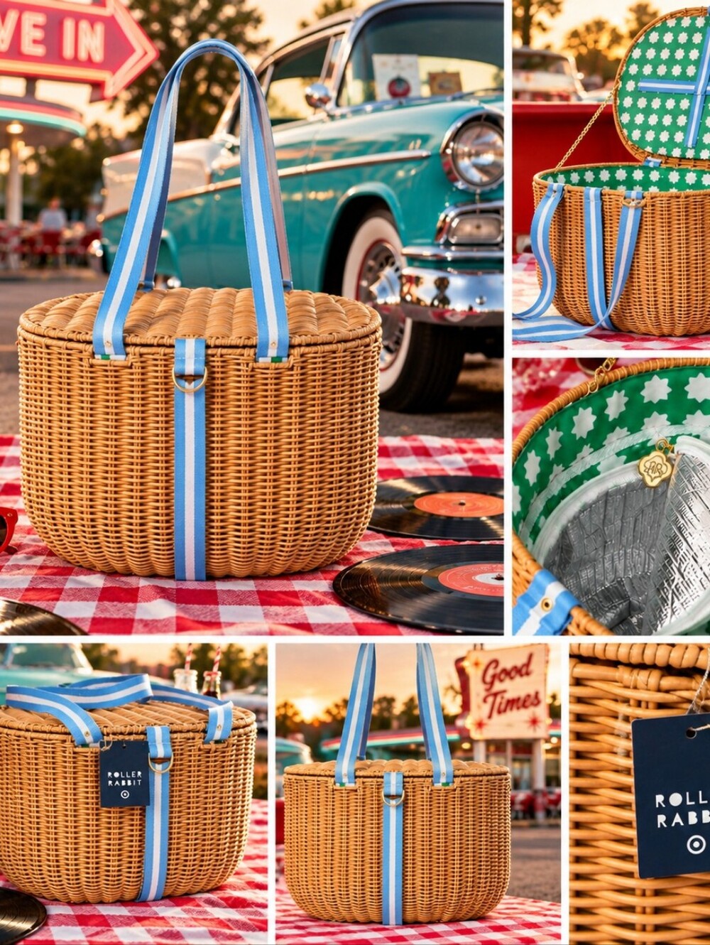 NWT Roller Rabbit x Target Wicker Picnic Basket Cooler Bag Retro Blue